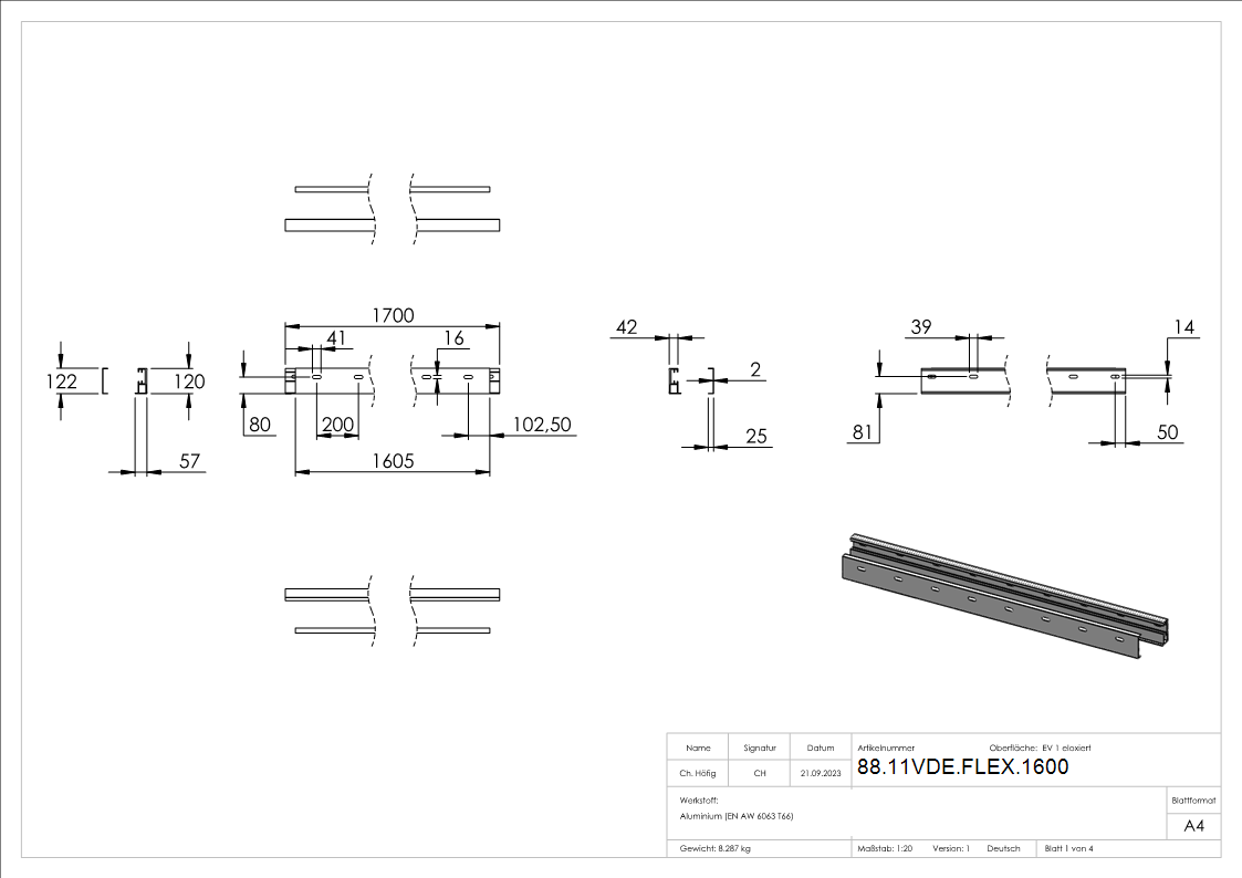 Profil-Set fuer Vordach 1600- Montageprofil 1700 mm- Abdeckung 1605 mm-88-11VDE-FLEX.1600