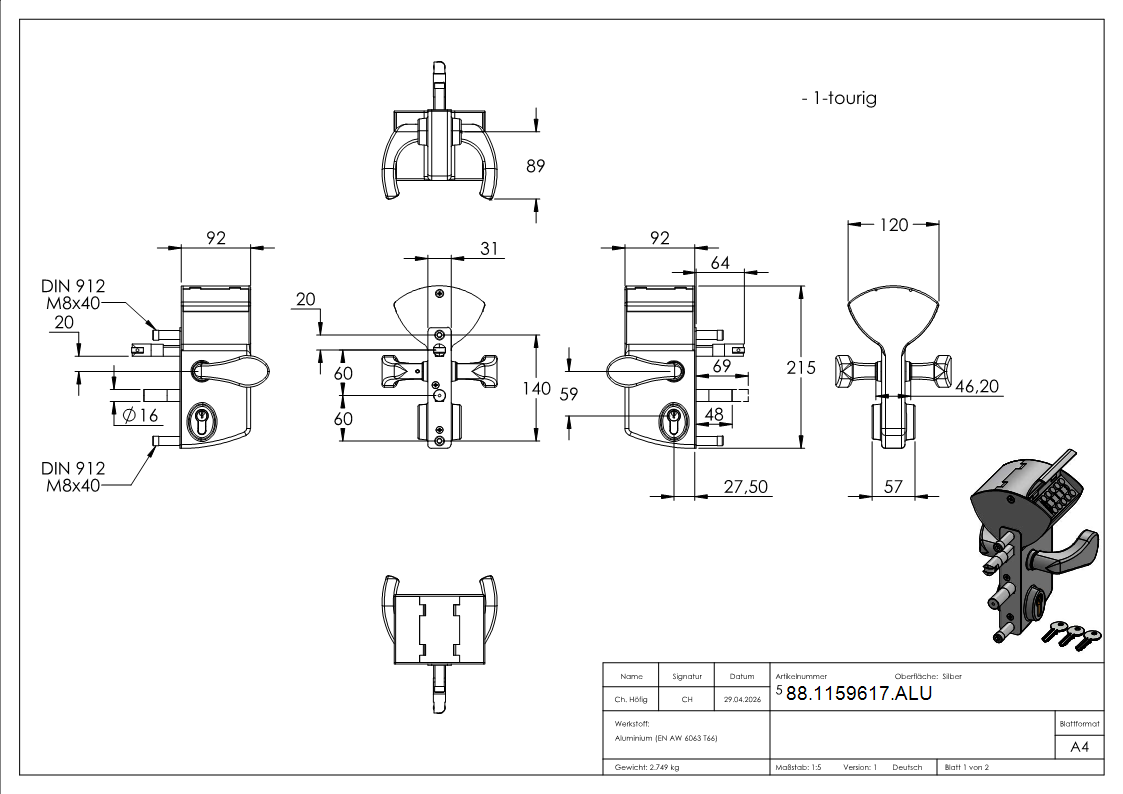 Mechanisches Codeschloss Aluminium fuer Profilrohr 40 - 60 mm Silber-88-1159617.ALU
