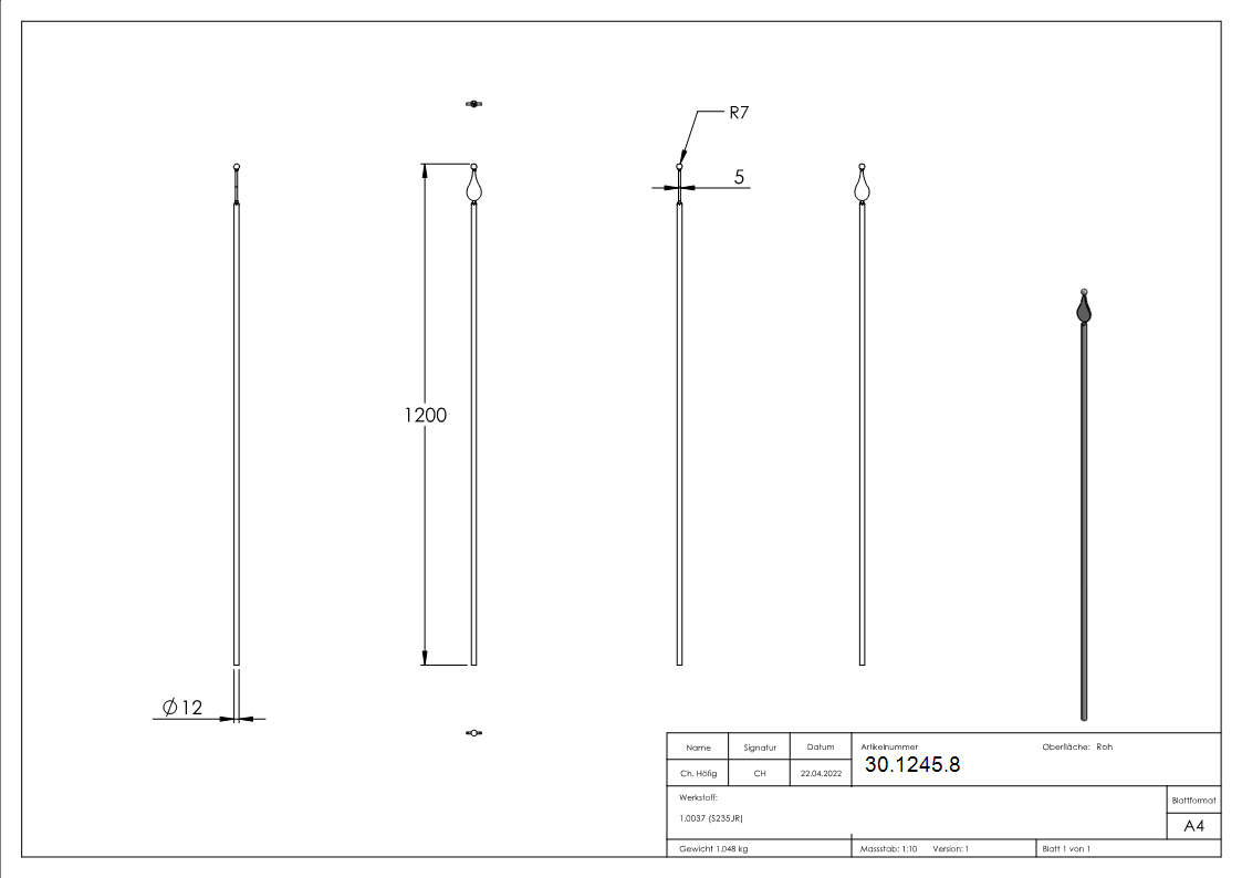 Zaunstab Laenge- 1200 mm Material Ø 12 mm - Spitze mit Kugel Stahl S235JR- roh-30-1245.8