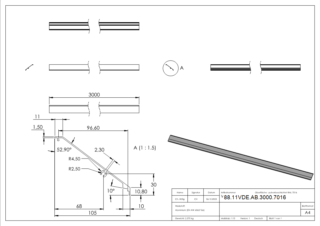 Vordachabdeckung Aluminium L = 3000 mm pulverbeschichtet RAL 7016 fuer eleganza canopy-88-11VDE-AB-3000.7016