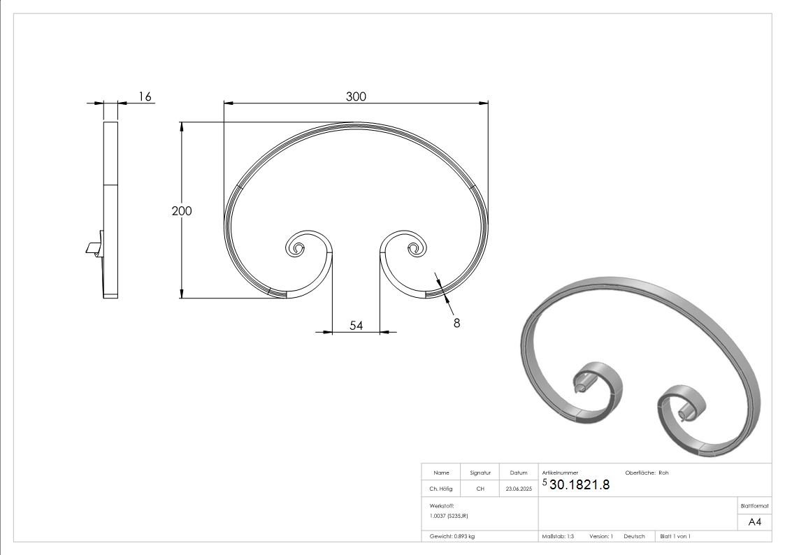 Schwerbarock - Masse- 300x200 mm - Material- 16x8 mm- gerillt - Stahl S235JR- roh-30-1821.8
