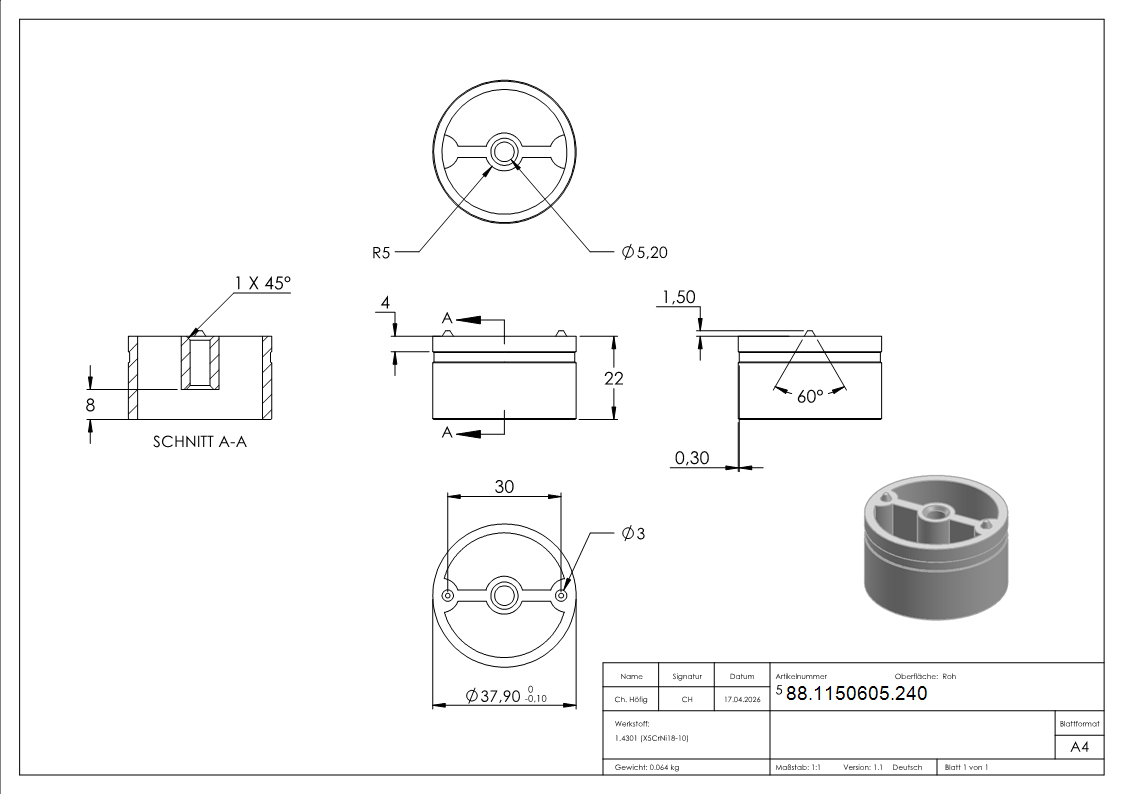 Handlaufadapter Edelstahl V2A fuer Ø 42-4 mm Holzhandlauf-88-1150605.240