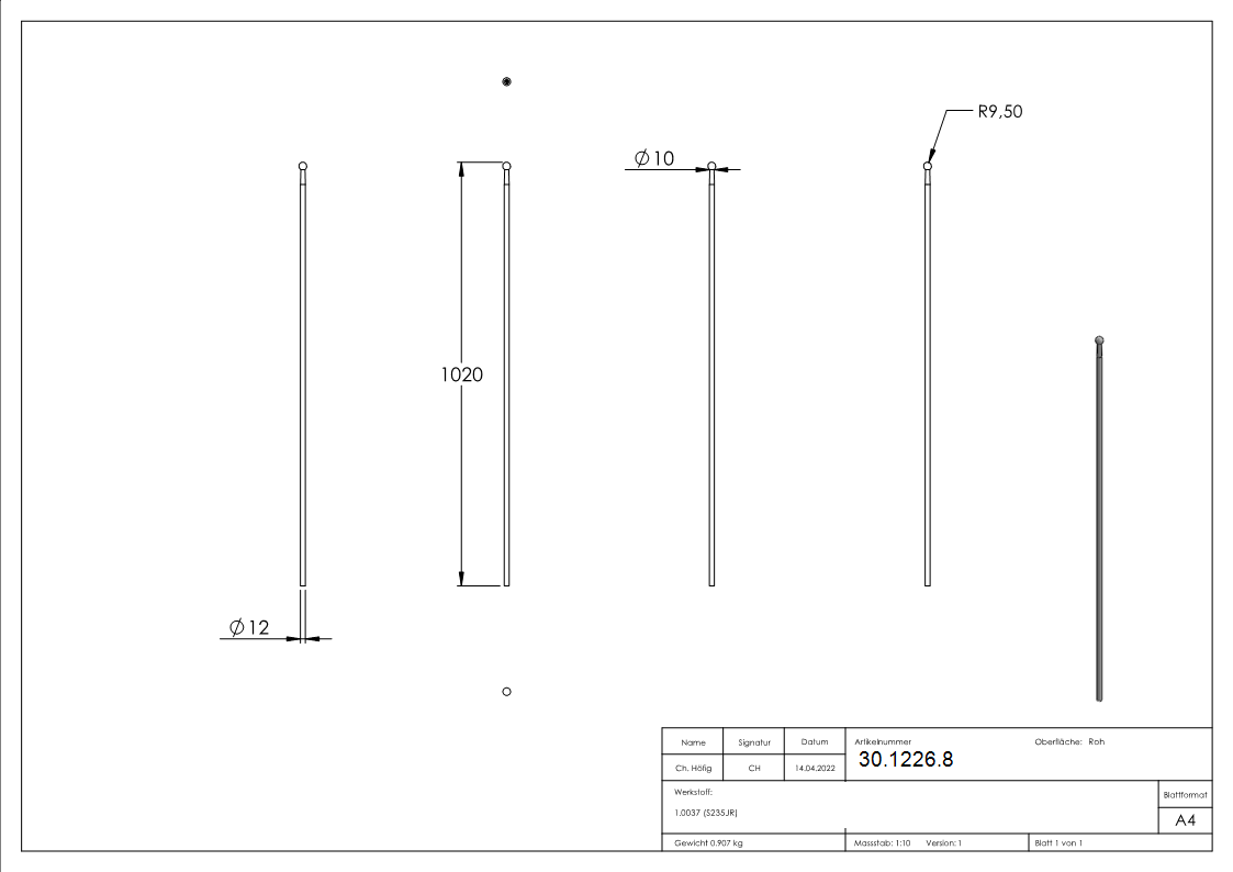 Zaunstab - Laenge- 1020 mm - Material Ø 12 mm - Kugel Ø 19 mm - Stahl S235JR- roh-30-1226.8