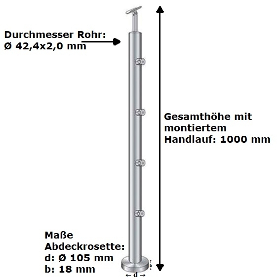 Treppenpfosten Edelstahl V2A H900mm D42-4mm Topmontage fuer 4x Fuellstab D12mm-14-0065RR-A.4