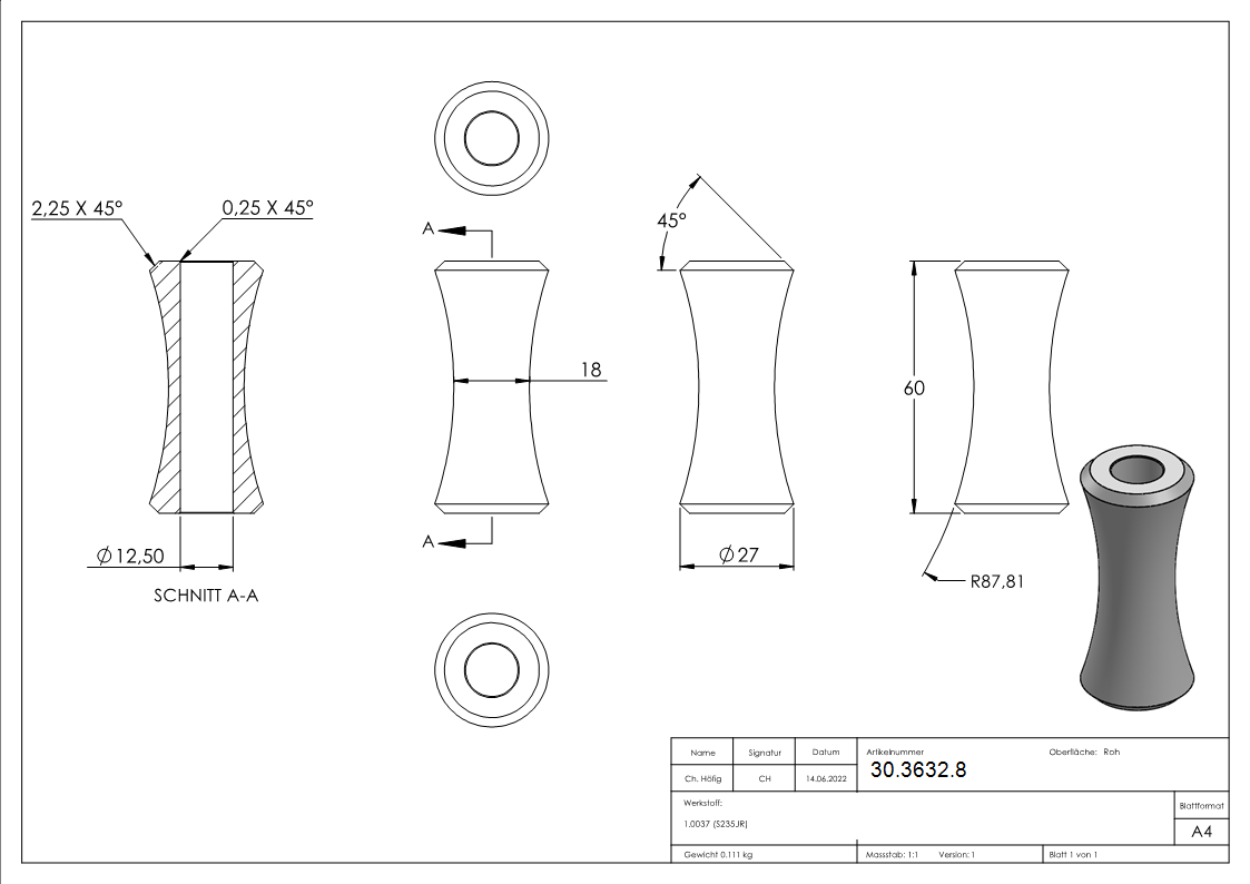 Zierhuelse - Masse- 27x60 mm - Lochung- Ø 12-5 mm - Stahl S235JR- roh-30-3632.8