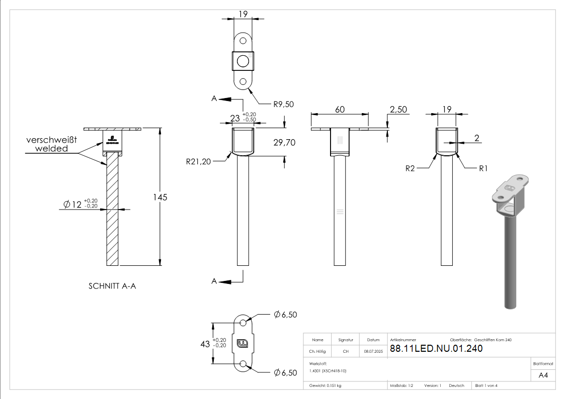 Handlaufbefestigung V2A 145 mm Ø12 mm Nut 24x24 mm voll LED-88-11LED-NU-01.240