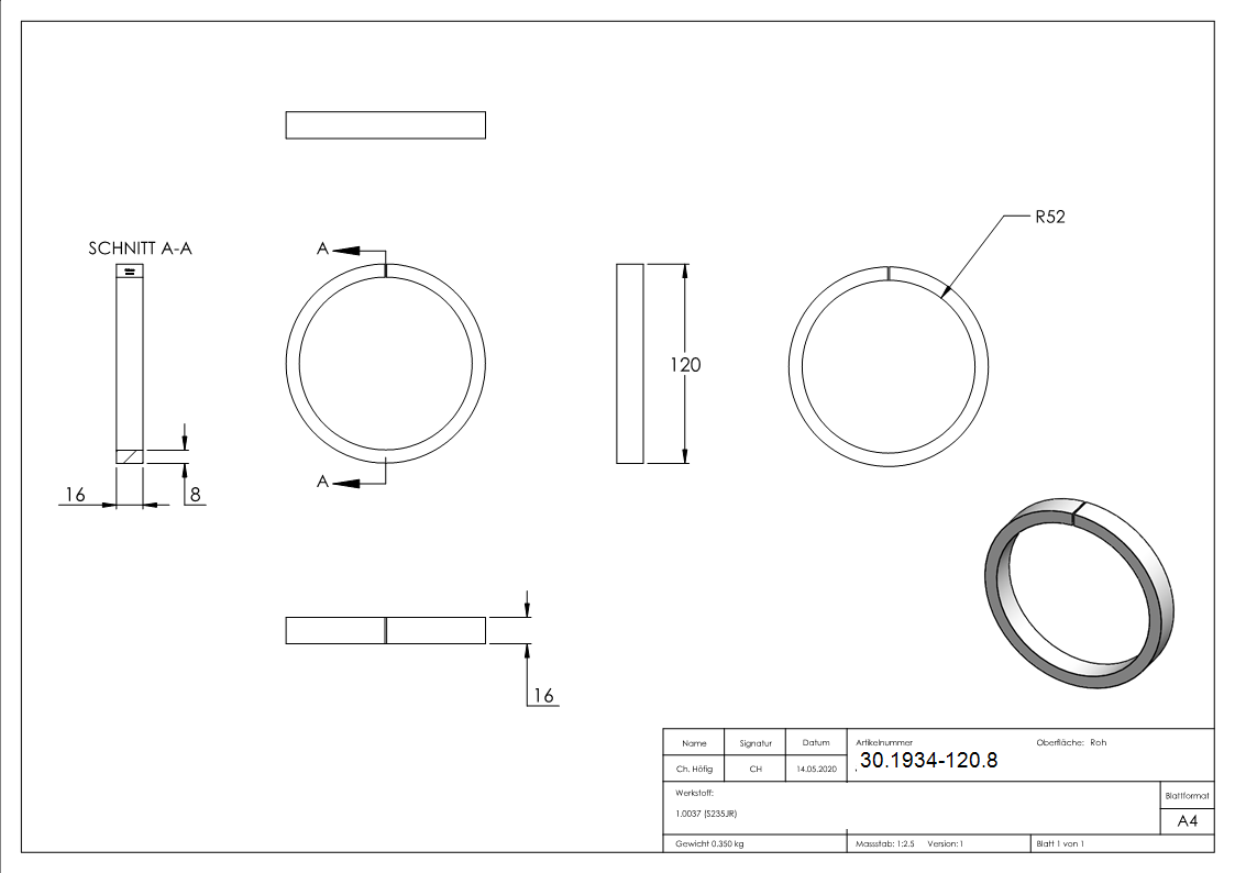 Ring - Material- 16x8 mm - Aussen-Ø 120 mm - Stahl S235JR- roh-30-1934-120.8