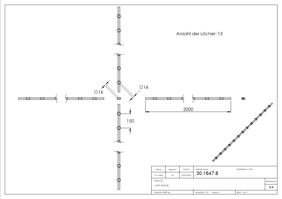 Lochleiste schraeg fuer Quadratrohr Material- 16x16 mm Laenge- 2000 mm Stahl S235JR- roh-30-1647.8