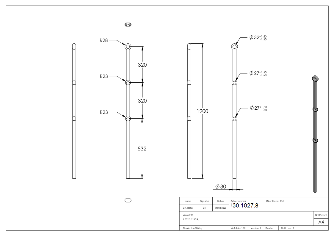 Anfangsstab Pfosten Laenge- 1200 mm Material- Ø 30 mm Stahl S235JR- roh-30-1027.8