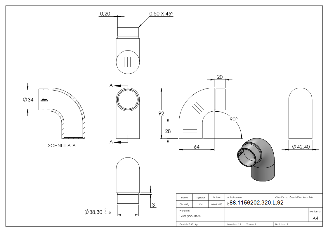 Endbogen V2A fuer Rohr Ø 42-4 x 2-0 mm 90° flach lang-88-1156202-320-L.92