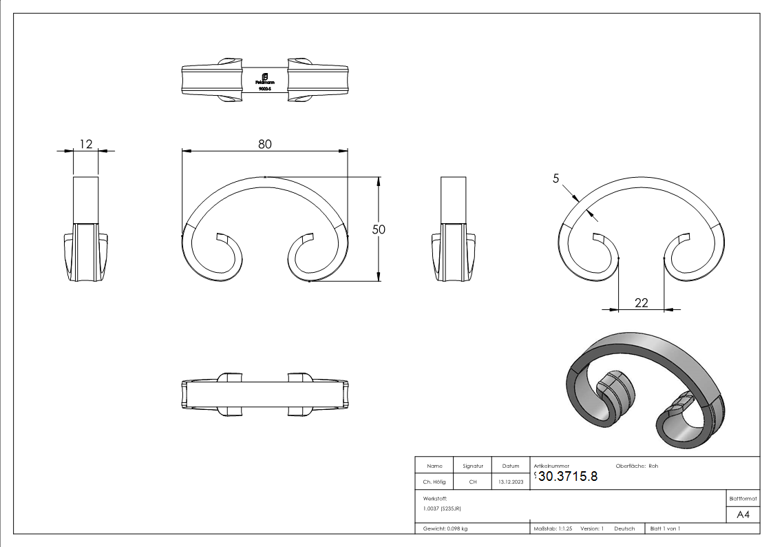 C-Schnecke - Masse- 50x80 mm - Material- 12x5 mm - Stahl S235JR- roh-30-3715.8