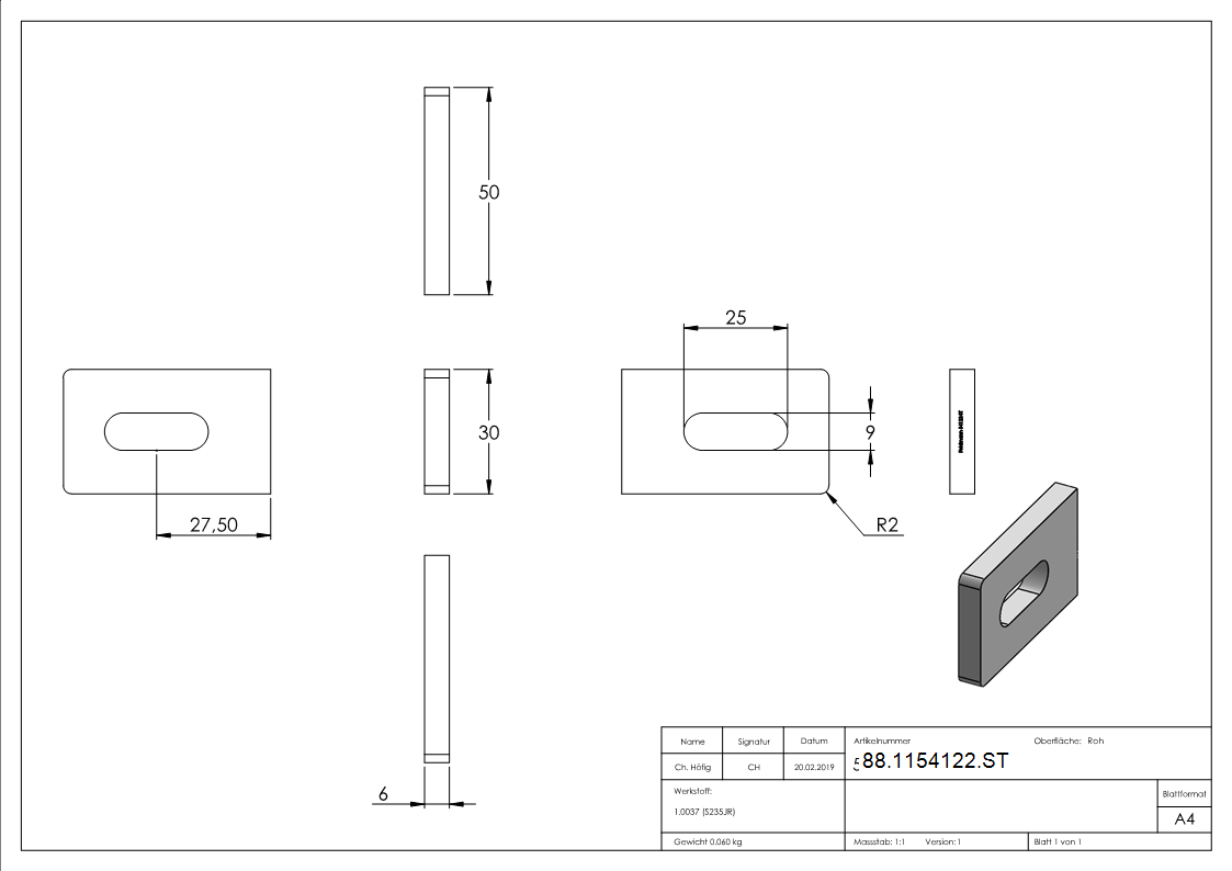 Anschweisslasche Stahl S235JR 50 x 30 x 6 mm mit Langloch 25x9 mm-88-1154122.ST