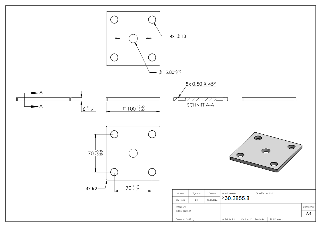 Ankerplatte 100x100x6 mm 5 Bohrungen -  Stahl roh-30-2855.8