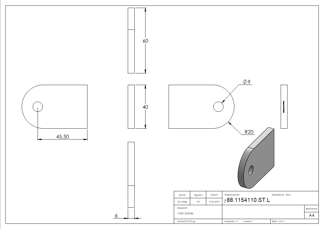 Anschweisslasche Stahl S235JR 60 x 40 x 6 mm mit Rundloch Ø 9 mm-88-1154110-ST.L