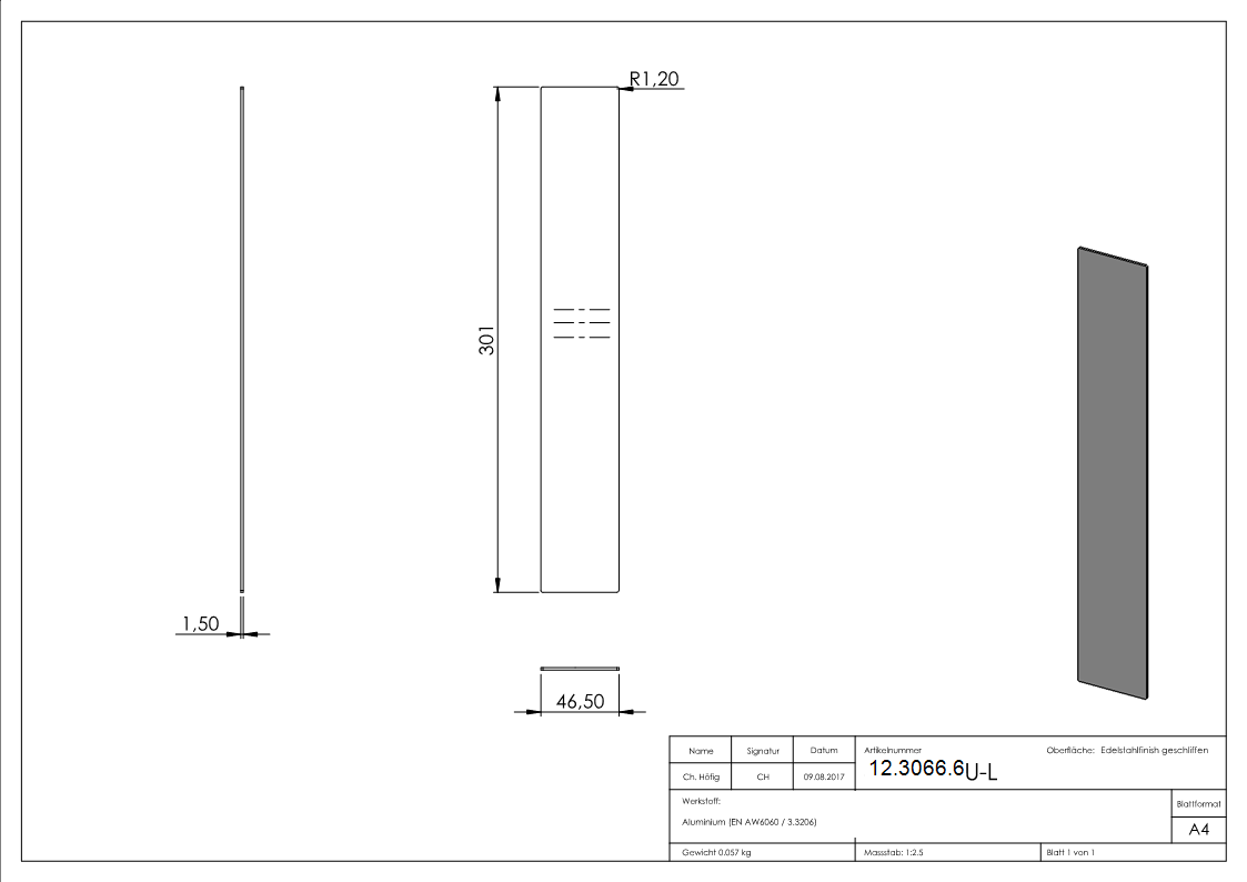 Endkappe - fuer Ganzglasgelaender - fuer Schraege bis 41° - Masse- 301x46-5x1-5 mm - Aluminium-12-3066.6
