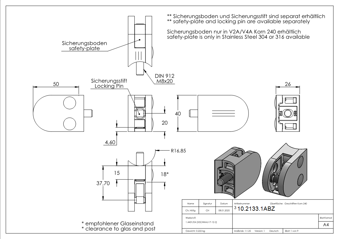 Glasklemme 50x40x26 mm AbZ fuer Anschluss Ø 33-7 mm V4A-10-2133.1ABZ