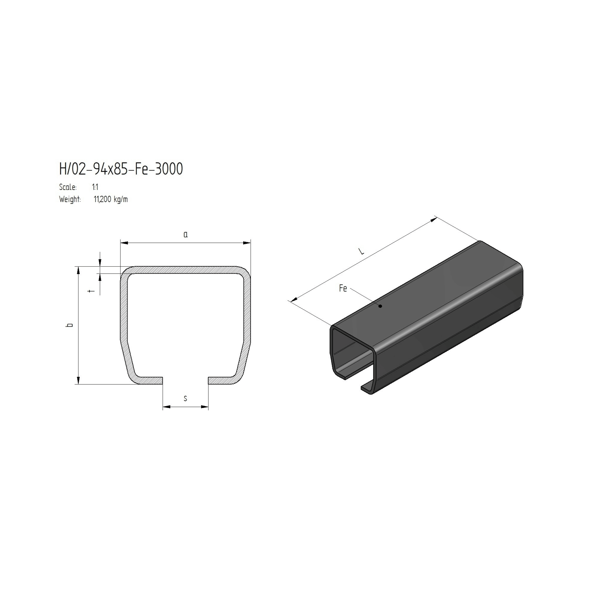 Laufschiene Stahl roh 94 x 85 x 5 mm L = 3000 mm fuer Schiebetore-89-11H0294X85FE3000-A.4