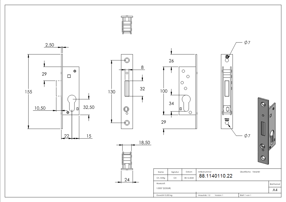 Rohrrahmen-Riegelschloss Zinkdruckguss Dornmass 22mm fuer Profilzylinder-88-1140110.22