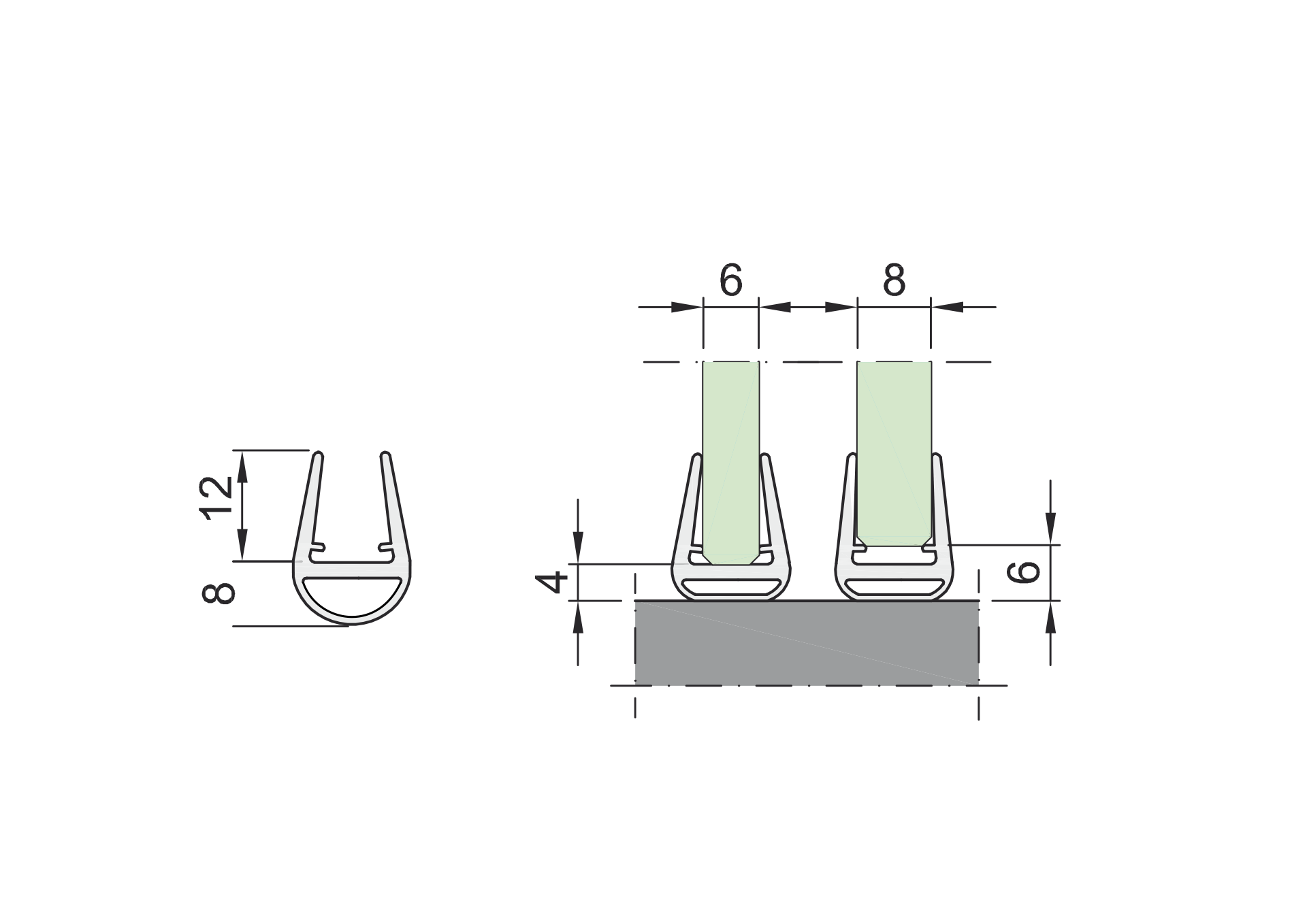 Dichtungsleiste fuer Glastuer- 6-8mm Glasstaerke- Kunststoff- 2500mm Laenge-89-11GSPVCDT108-A.4
