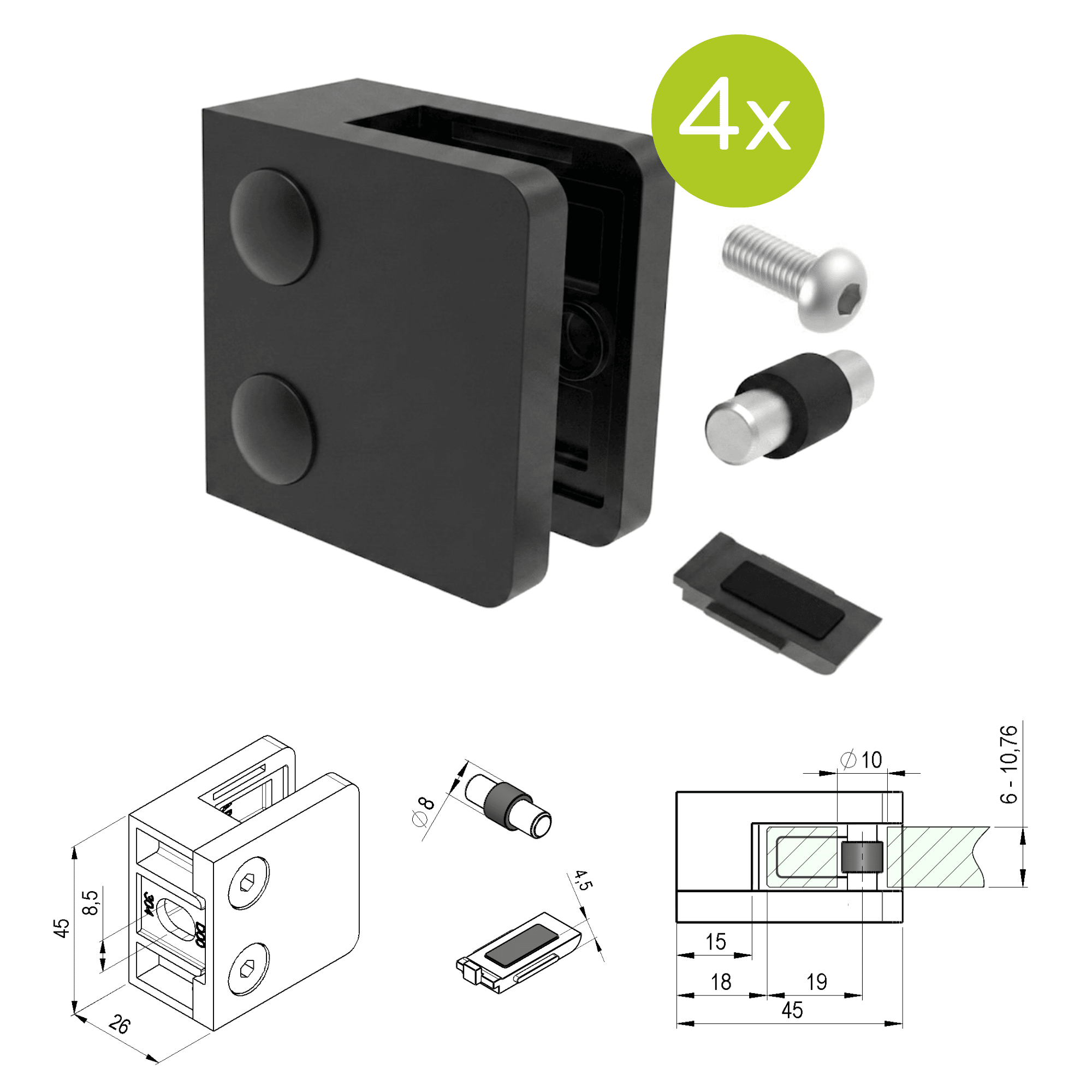 Glasklemme V2A fuer Glasstaerke 1-5-10-76 mm schwarz pulverbeschichtet 4er Set-89-11ABL230P000SET4-A.4