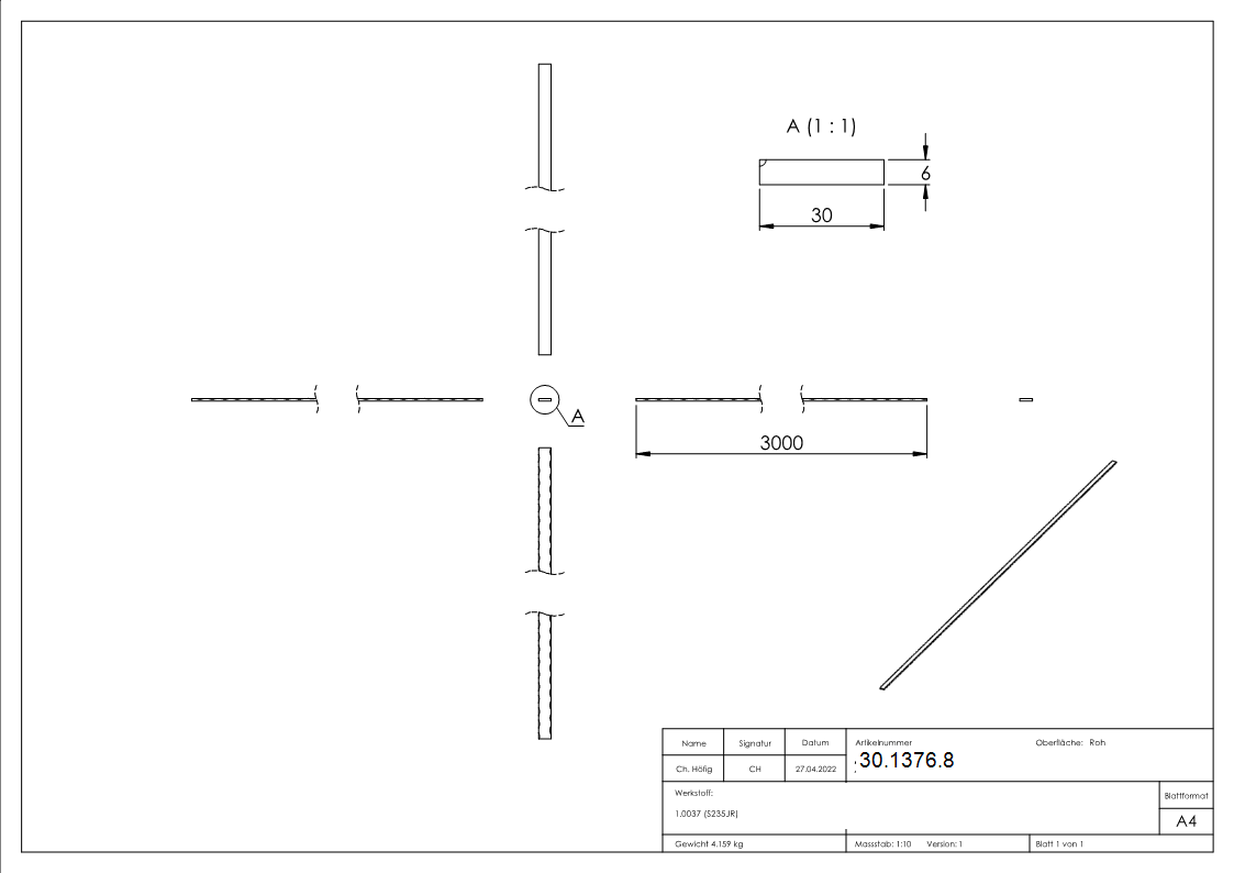 Flacheisen 30x6 mm 3000mm Stahl roh S235JR Flachstahl massiv-30-1376.8