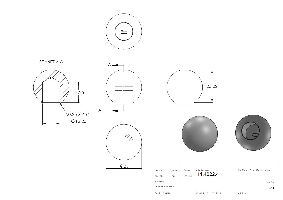 Kugel - Ø 25 mm - mit Sackloch- 12-2 mm - V2A Vollmaterial-11-4022.4