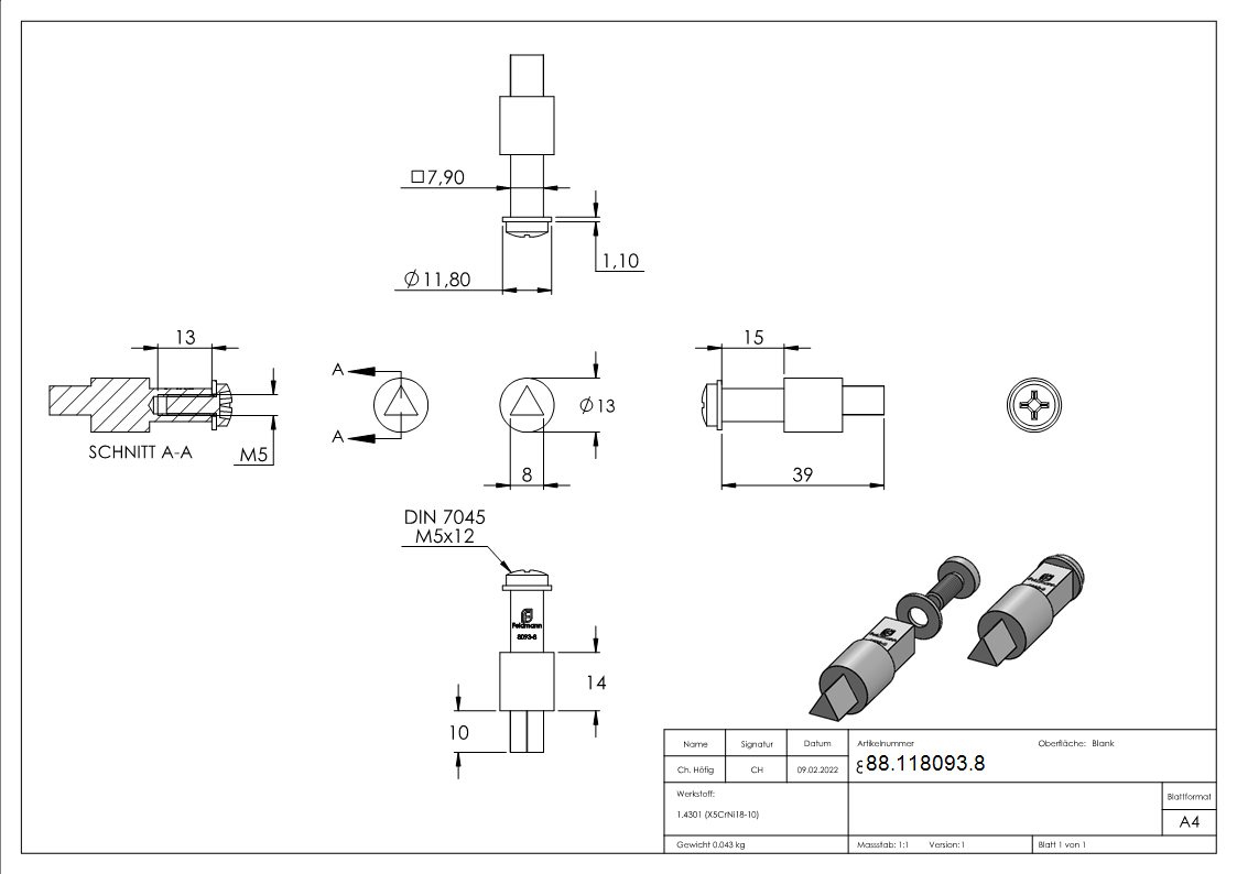 Spezialstift Edelstahl V2A Dreikant 8 mm mit Befestigungsschraube M5-88-118093.8