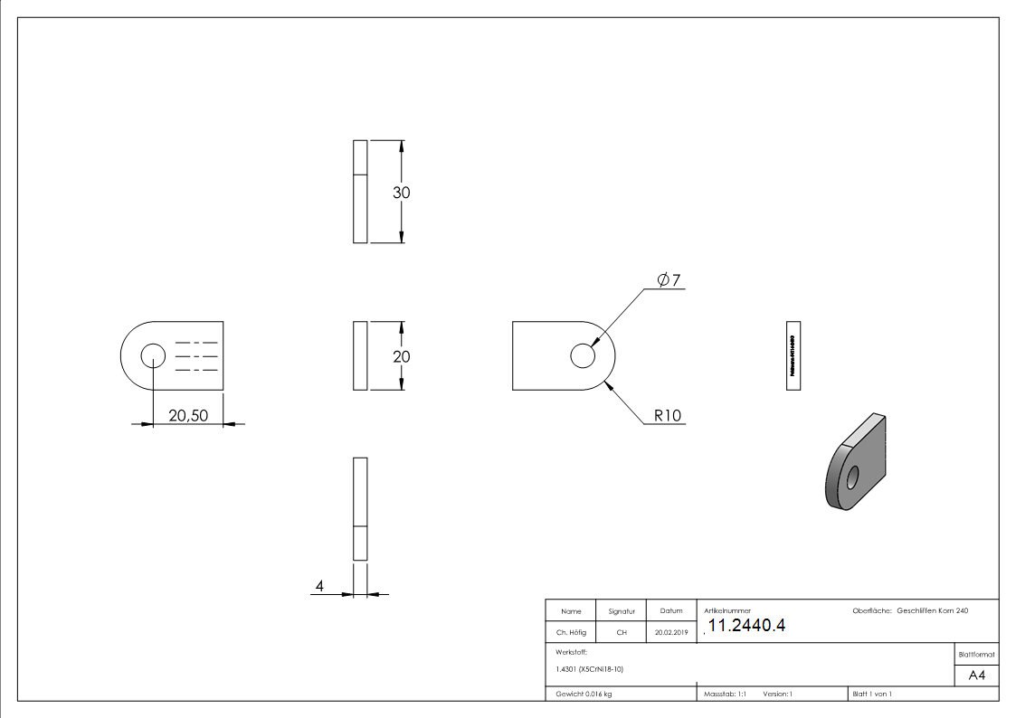 Anschweisslasche V2A 30 x 20 x 4 mm geschliffen Rundloch 7 mm-11-2440.4