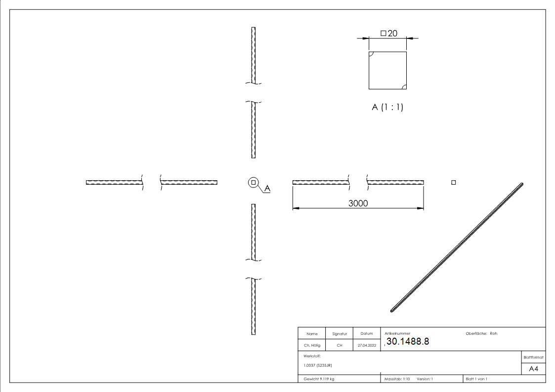 Vierkant gehaemmert - Material- 20x20 mm - Laenge- 3000 mm - Stahl -Roh- S235JR-30-1488.8