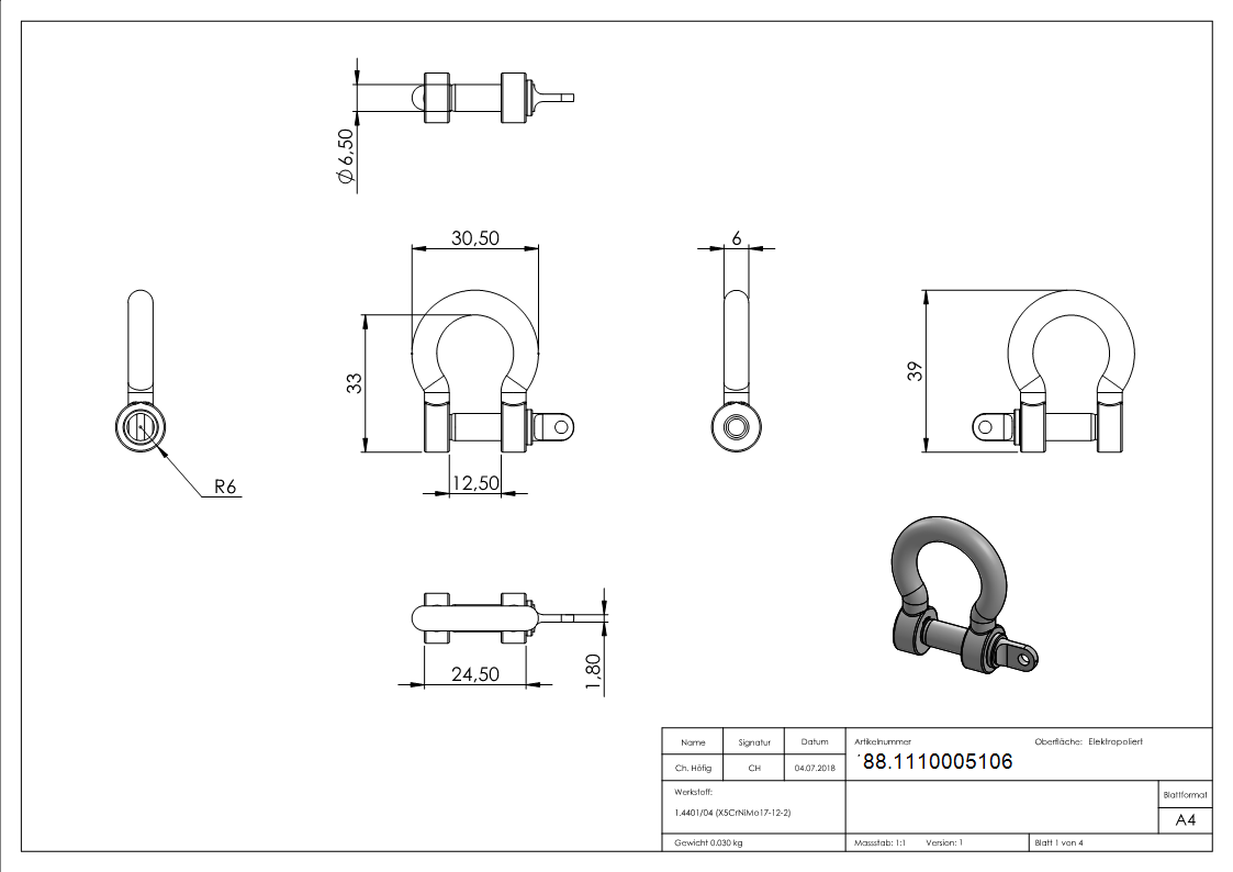 Gebogener Schaekel Edelstahl V4A M6 fuer Aussenbereich-88.1110005106