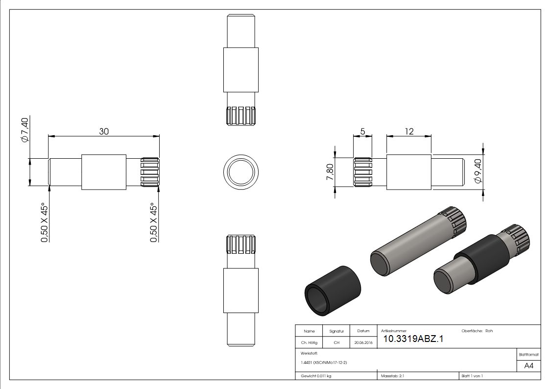 1 Sicherungsstift zu Glasklemme 60x70x45 mm AbZ V4A-10-3319ABZ.1