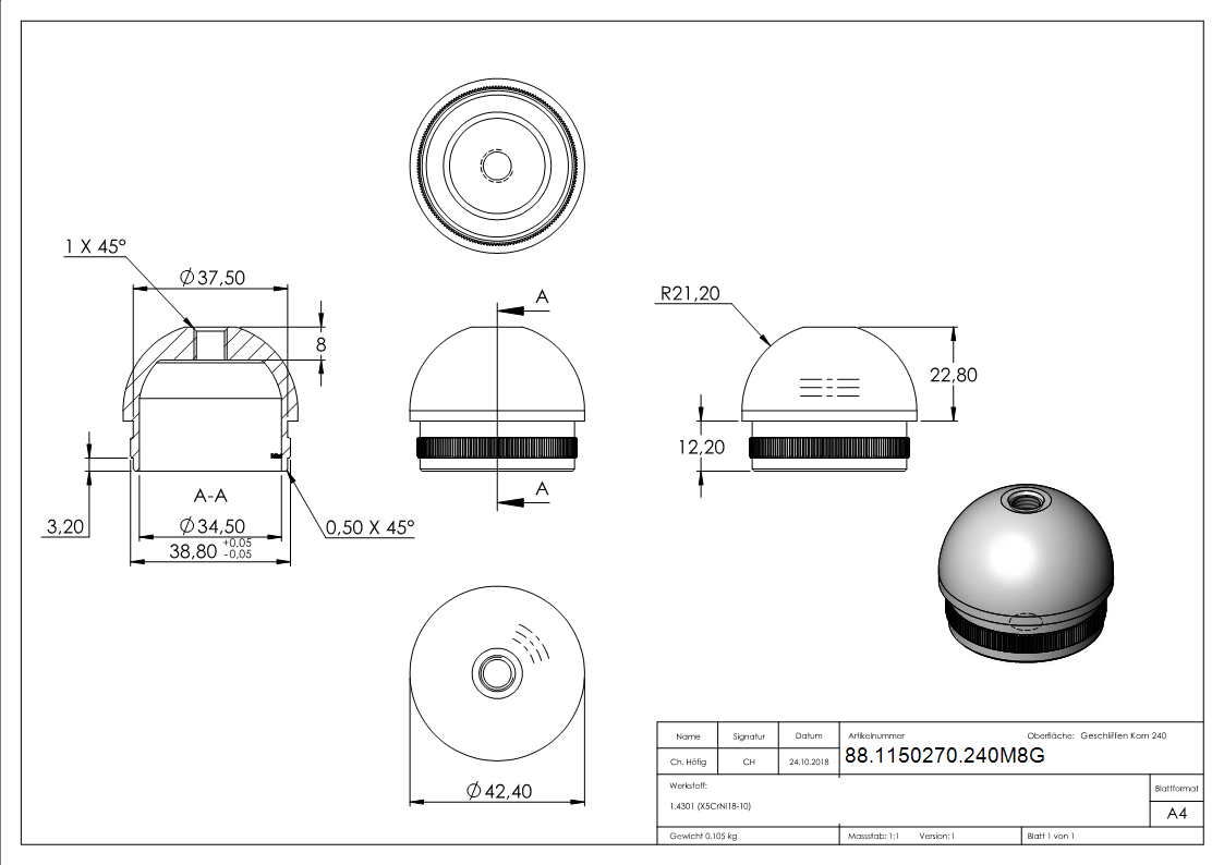 Einsteckkappe Edelstahl V2A Ø 42-4 mm x 2-0 mm mit M8 Gewinde halbrund-88-1150270.240M8G