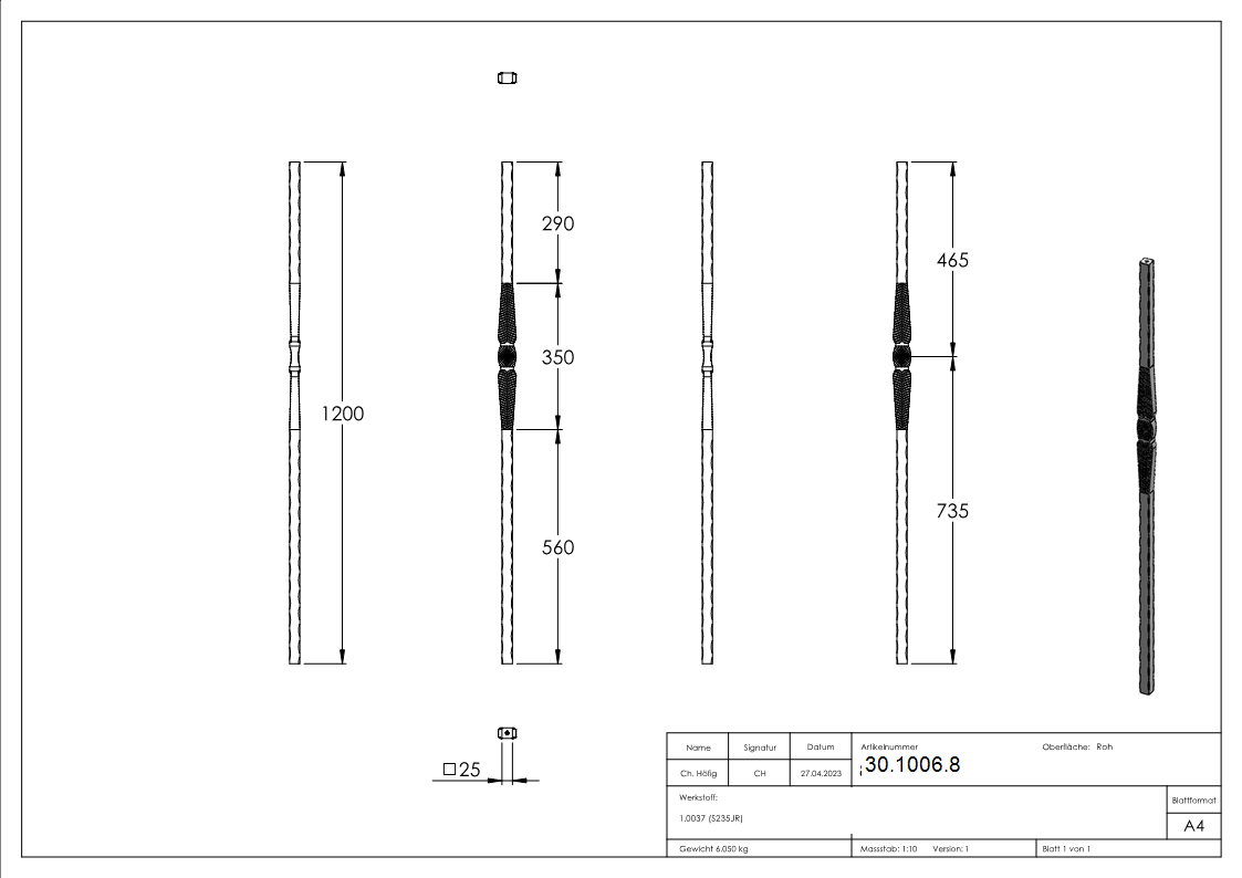 Anfangsstab Pfosten Laenge- 1200 mm Material- 25x25 mm Stahl S235JR- roh-30-1006.8