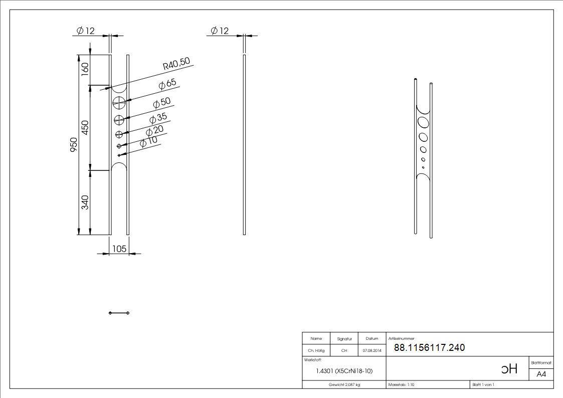 Designstab Edelstahl V2A Ø 12 mm L = 950 mm geschliffen Korn 240-88-1156117.240