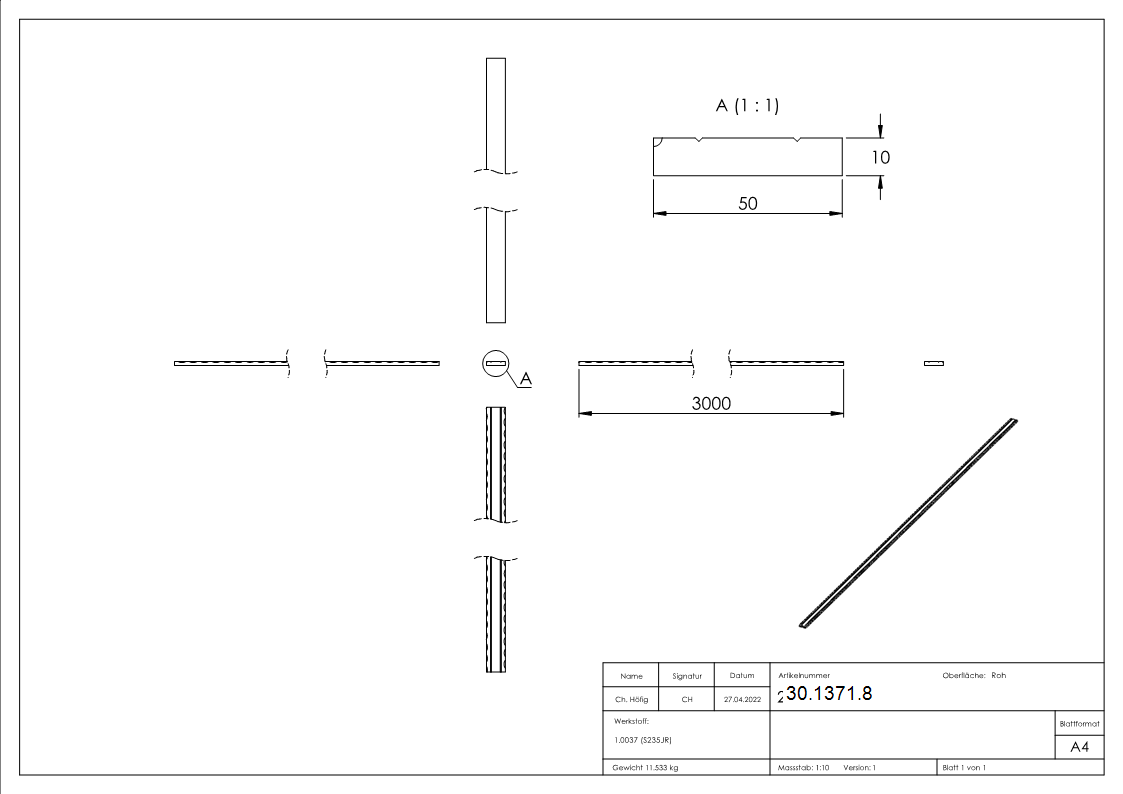 Flacheisen 50x10 mm 2-fach gerillt 3000mm Stahl S235JR roh Schmiedeeisen-30-1371.8