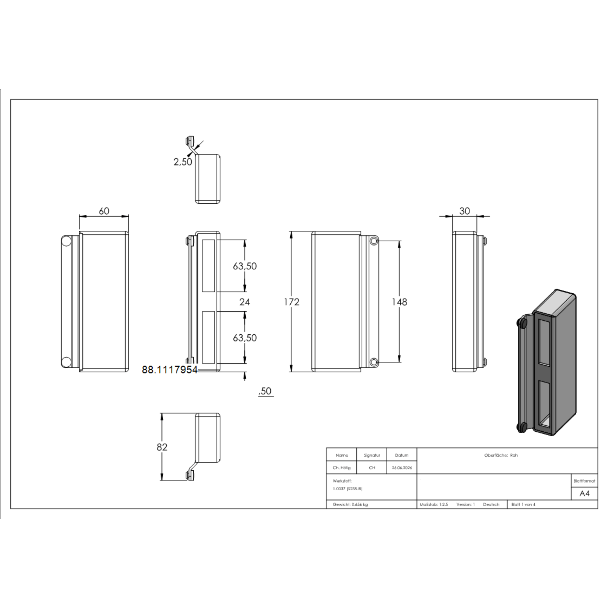 Gegenkasten Stahl 30 x 60 x 173 mm fuer mechanische Schloesser-88.1117954