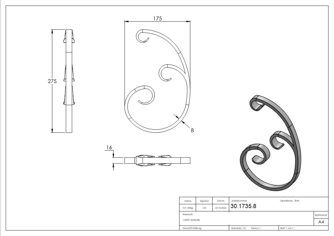 16er Serie - Masse- 180x275 mm - Material- 16x8 mm- glatt - Stahl S235JR- roh-30-1735.8