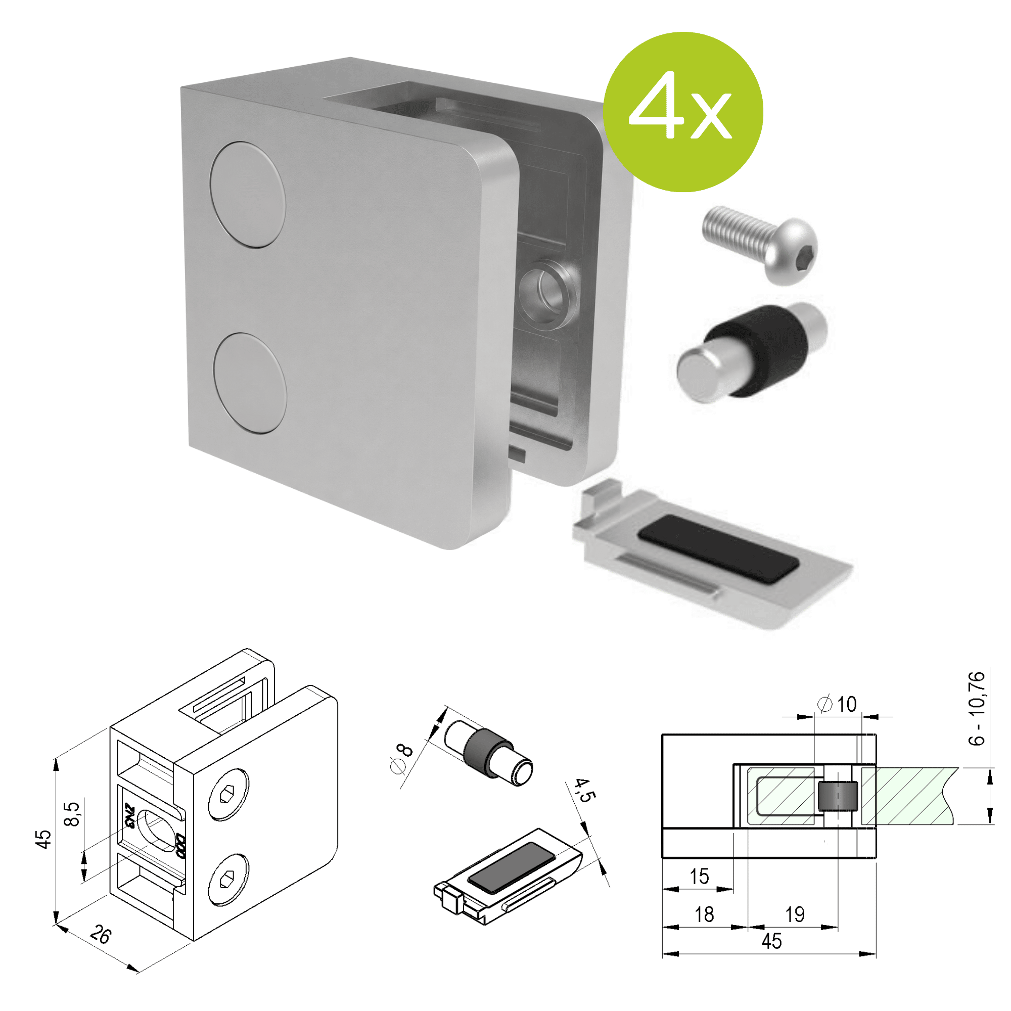 Glasklemme V2A fuer 8-10-76 mm Glas fuer Flachanschluss geschliffen 4er Set-89-11ZN230P000SET4-A.4