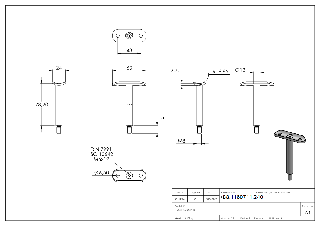Stift mit Handlaufanschlussplatte Edelstahl V2A Ø 12 mm fuer Rohr Ø 33-7 mm H 78 mm-88-1160711.240