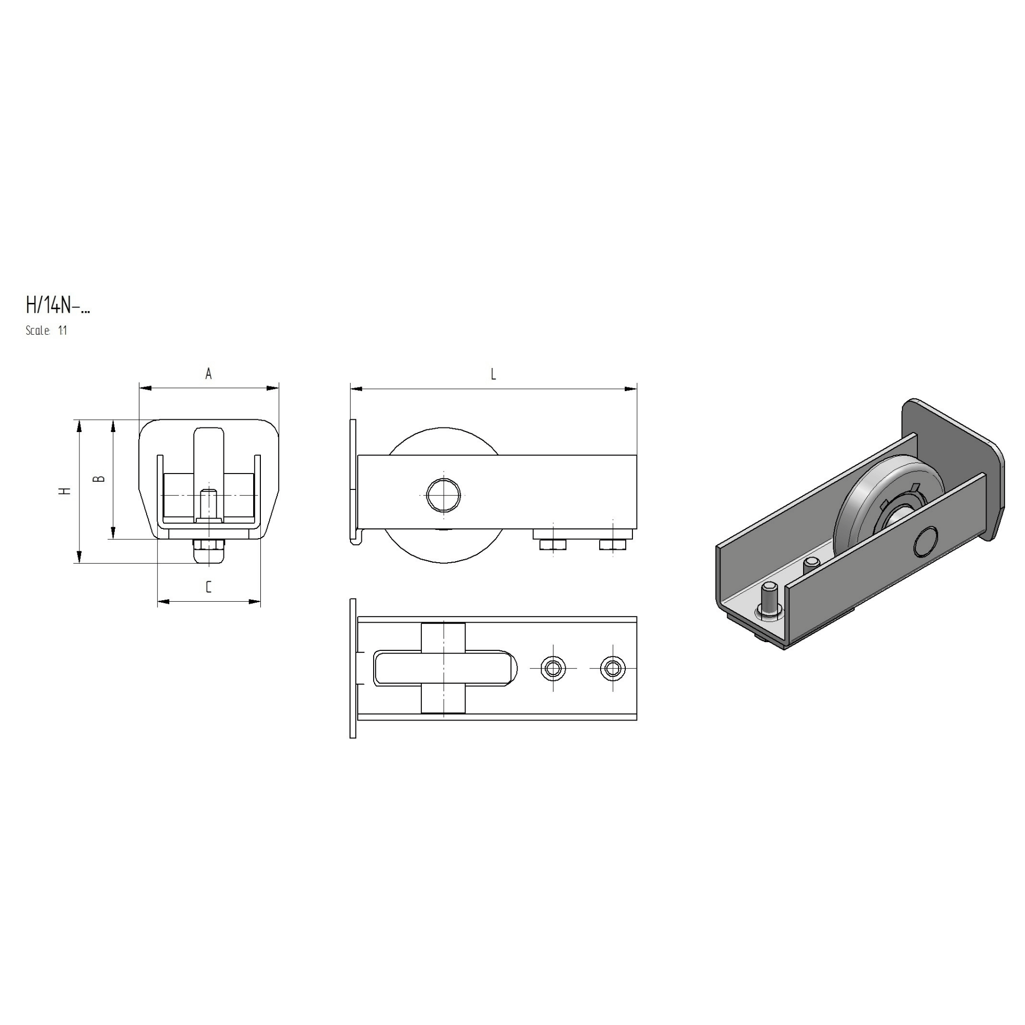Fuehrungsrolle Stahl verzinkt fuer Profil 136 x 142 mm L=198 mm-89-11H14N136X142-A.4