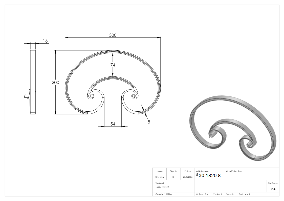 Schwerbarock - Masse- 300x200 mm - Material- 16x8 mm- gerillt - Stahl S235JR- roh-30-1820.8