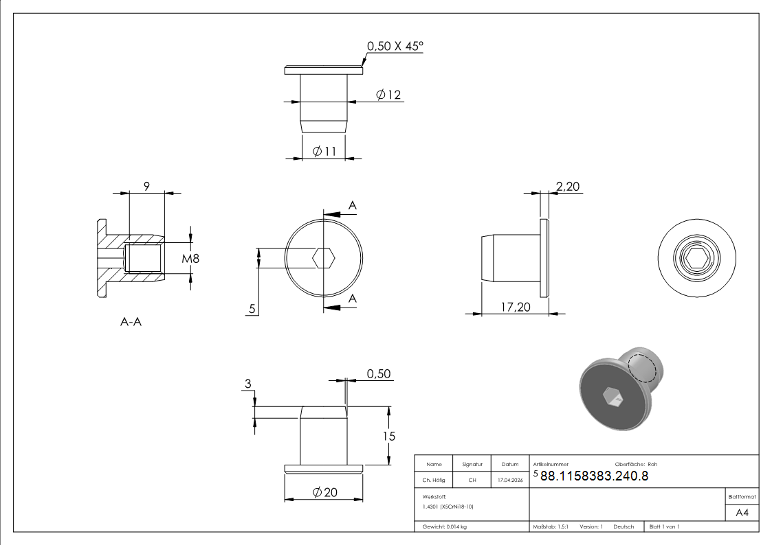 Huelsenmutter Edelstahl V2A M8 Flachkopf Innensechskant-88-1158383-240.8
