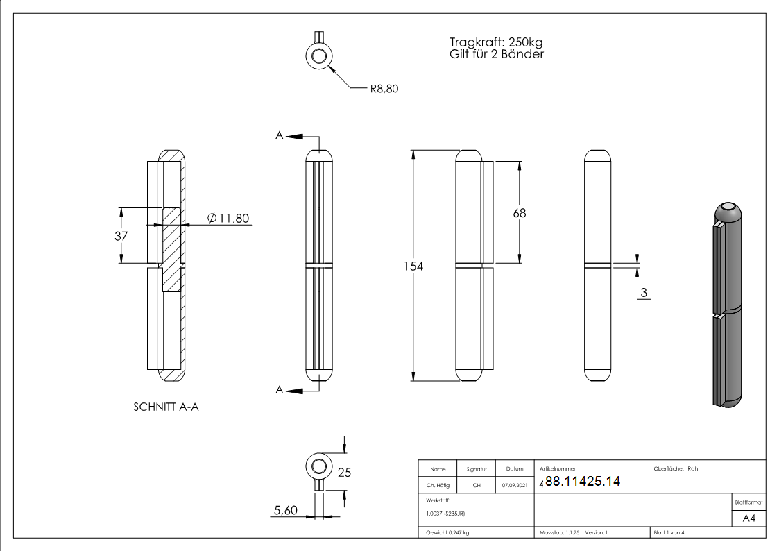 Anschweissband Stahl 2-teilig fester Zapfen Tragkraft 250 kg-88-11425.14