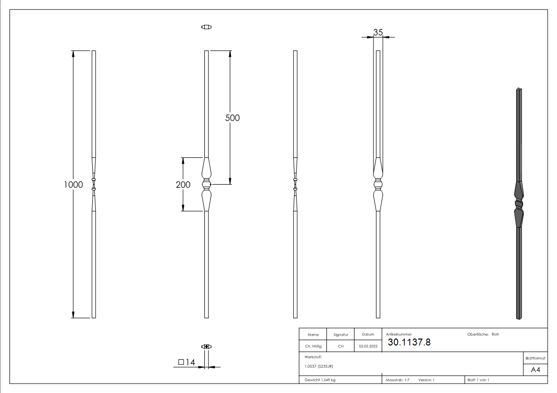 Zierstab - Laenge- 1000 mm - Material- Ø14 mm glatt - Stahl S235JR- roh-30-1137.8