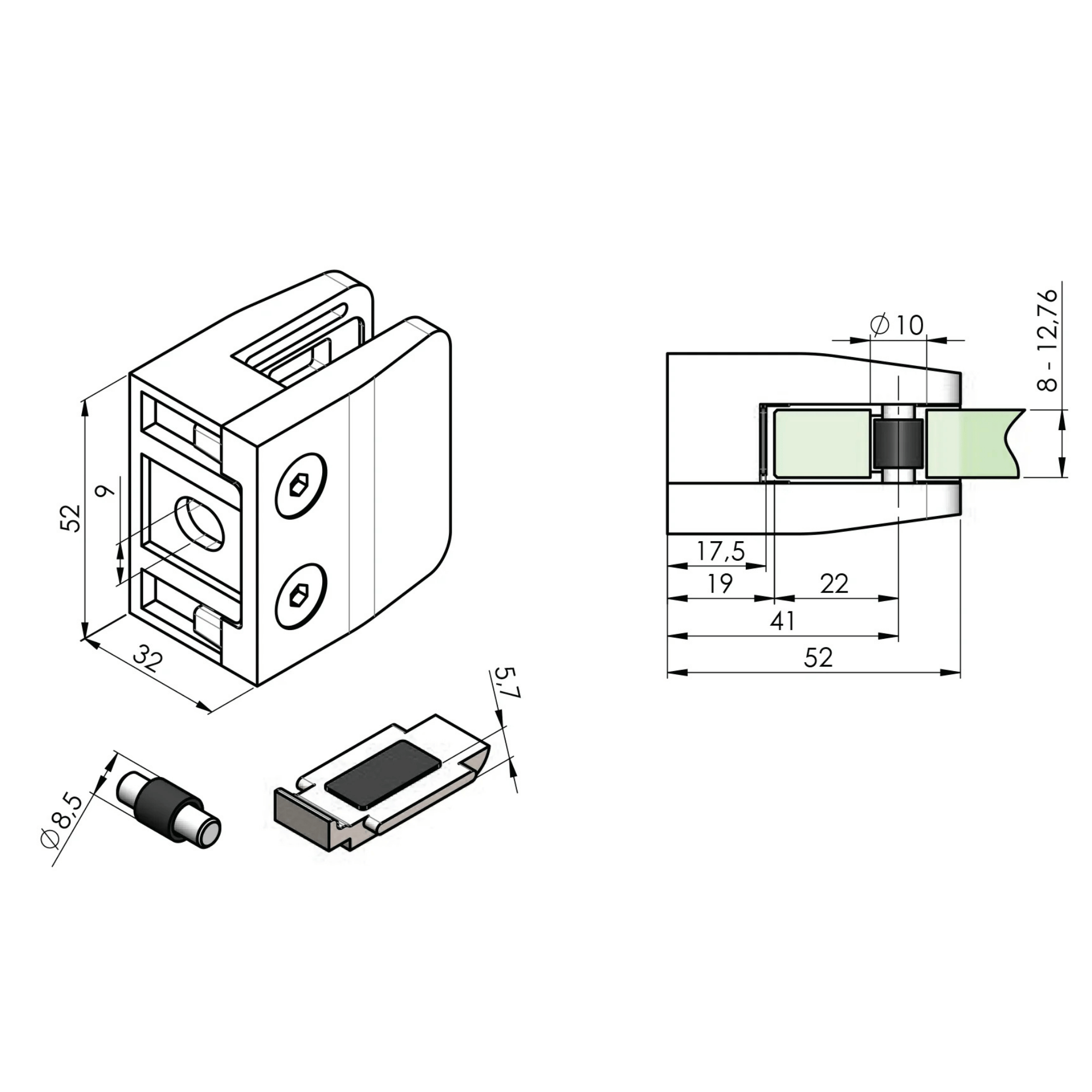 Glasklemme V2A fuer 8 - 12-76 mm Glas Flachanschluss schwarz 4er Set-89-11ABL2600000SET4-A.4