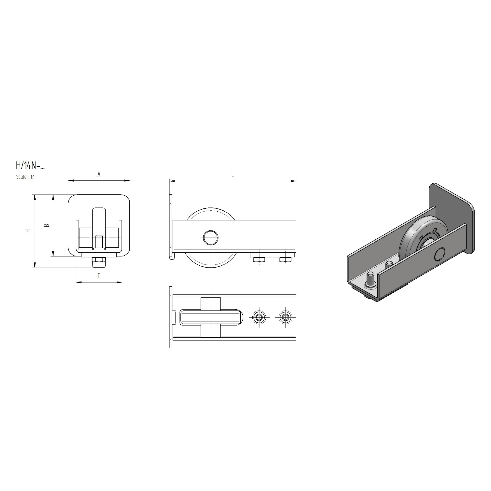 Endanschlag mit Fuehrungsrolle Stahl verzinkt fuer Profil 60 x 60 mm-89-11H14N60X60-A.4