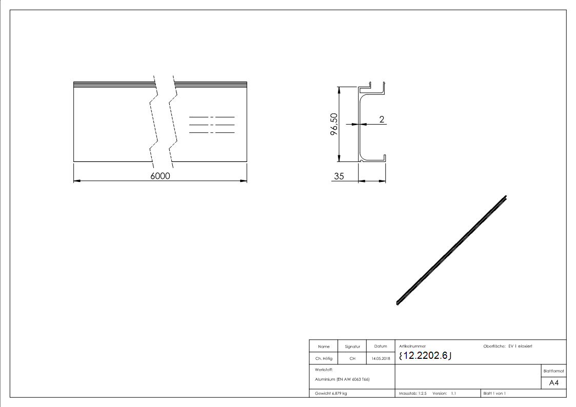 Abdeckung fuer Ganzglasgelaender - MASSIV2 - Laenge- 6000 mm - seitliche Montage - Aluminium-12-2202.6