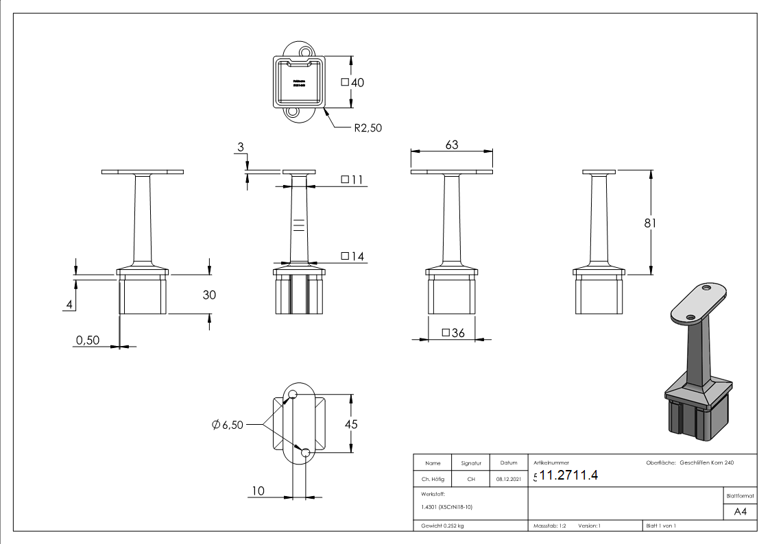 Handlaufhalter fuer Vierkantrohr 40x40x2-0 mm V2A-11-2711.4
