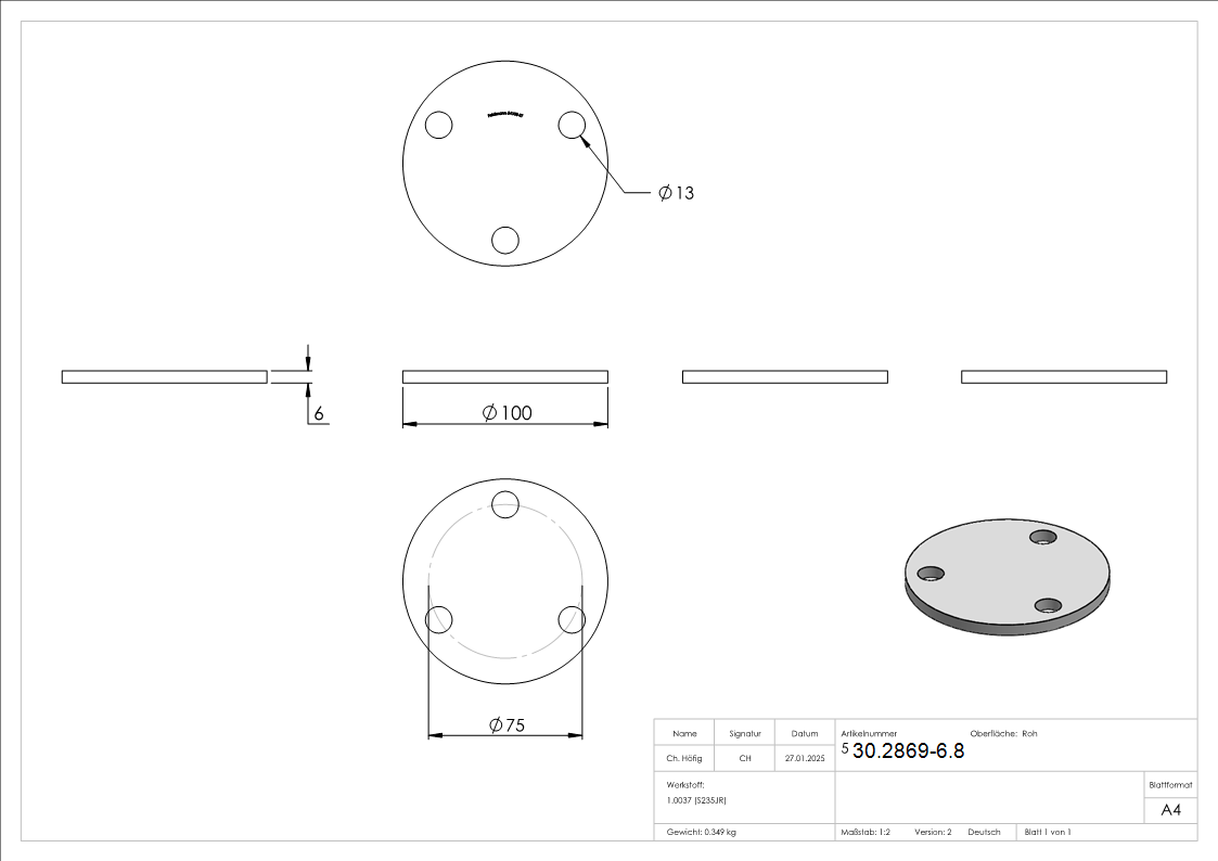 Ankerplatte 100x6 mm 3 Bohrungen -  Stahl roh-30-2869-6.8