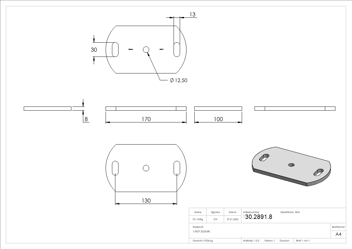 Ankerplatte 170x100x8 mm 3 Bohrungen -  Stahl roh-30-2891.8